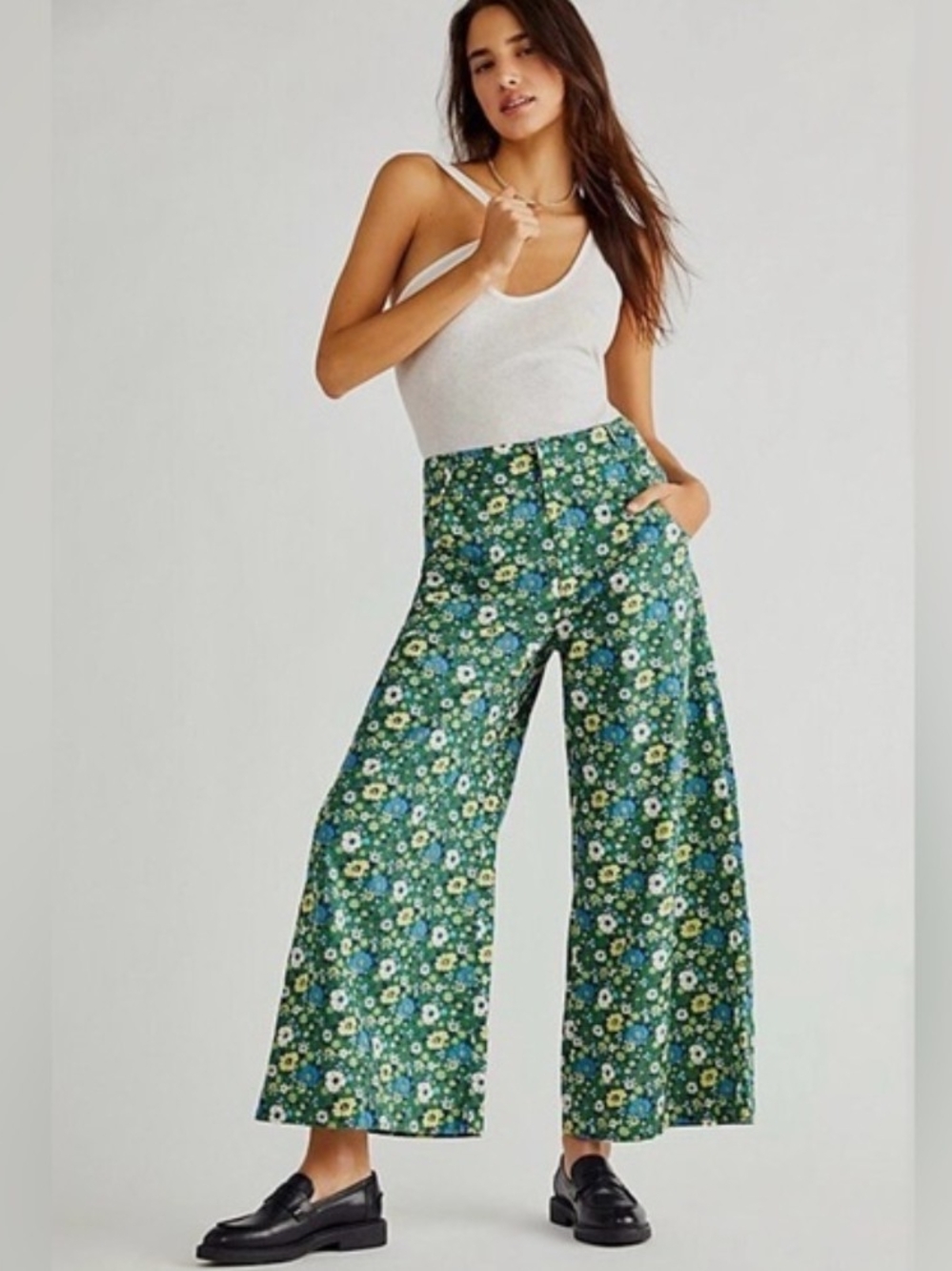 Free People Menorca Cropped Green Floral High-Rise Wide-Leg Pants Sz 0 NWT